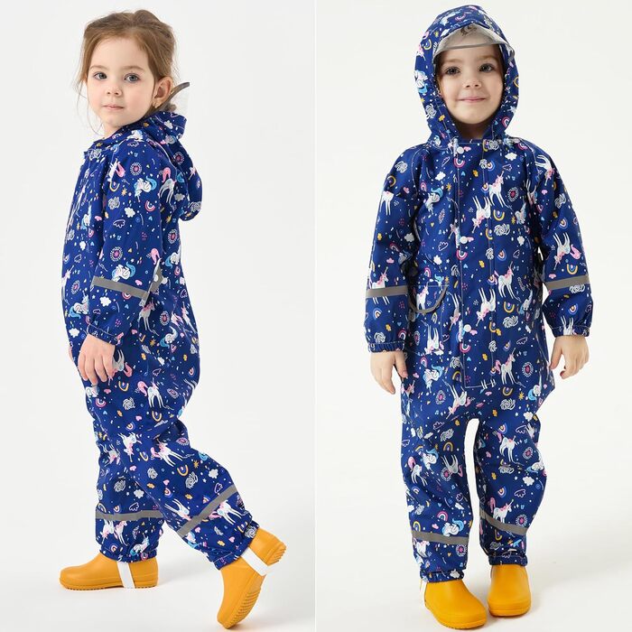 Дощовик Fewlby для дівчаток, водонепроникна куртка, цільний плащ з капюшоном, багаторазові штани для бруду, синій єдиноріг, вік 2-5 років