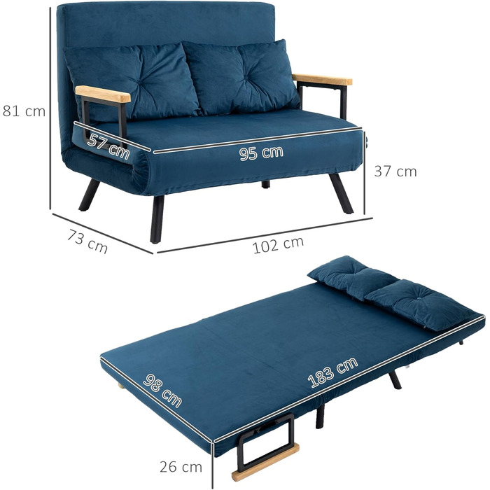 Диван-ліжко HOMCOM 4-в-1, 2-місний диван з функцією сну, 183 x 98,5 см, розкладне крісло-ліжко з 5-позиційною регульованою спинкою, підлокітником, поперековою подушкою, оксамитовий вигляд для вітальні, синій, 102Д x 73Ш x 81В см, тканина під оксамит