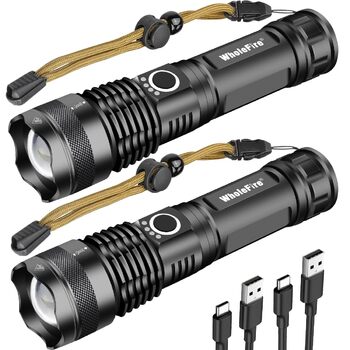 Світлодіодний ліхтарик WholeFire, акумуляторний USB, 2 шт., надзвичайно яскравий 90000 люмен XHP70.2, з можливістю масштабування, водонепроникний, потужний, 5 режимів, аварійне освітлення для використання на вулиці