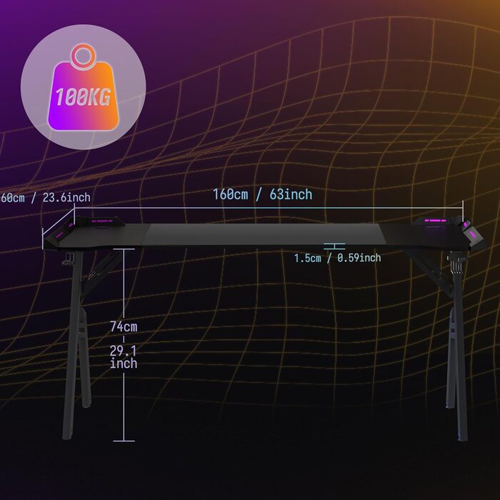 Ігровий стіл YUENFONG зі світлодіодним освітленням, 160x60 см, комп&39ютерний стіл, А-подібна рама з вуглецевим покриттям, включаючи гачок для навушників та підставку для чашки, чорний 160*60 см