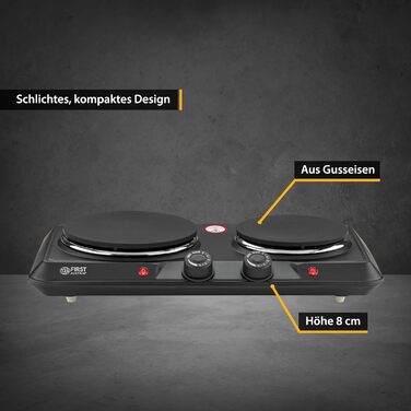 Подвійна конфорка TZS First Austria 2500 Вт Чавунні варильні поверхні 180/150 мм Ручне керування Металевий корпус мобільний для кемпінгу та подорожей Чорний