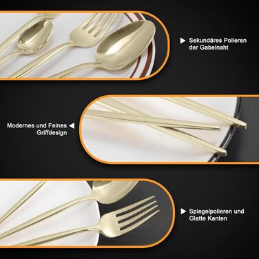 Набір столових приборів на 12 осіб, 60 предметів, колір шампанське золото, ніж з нержавіючої сталі, виделка, ложка, полірований набір столових приборів з високим глянцем, блискучі столові прибори, можна мити в посудомийній машині, колір шампанське на 60 п