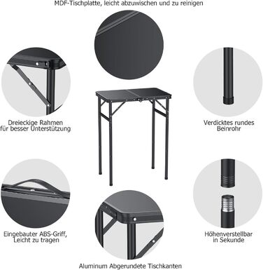 Стіл для кемпінгу JiGiU 60x40 см, складний, з 3 регулюваннями висоти 27 см/51 см/74 см, алюмінієвий каркас, компактний гриль-стіл для саду, кухні, пікніка, використання в приміщенні та на вулиці, стіл-валіза (чорний)