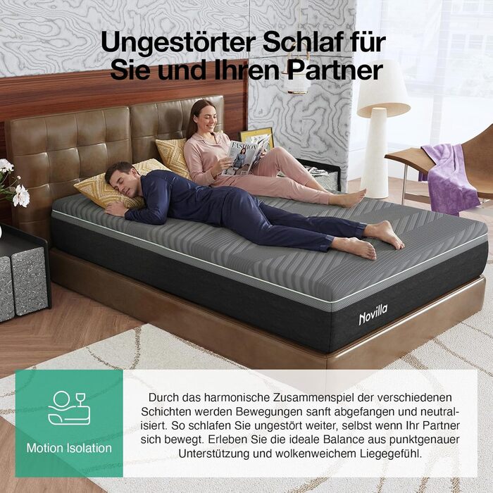 Матрац Novilla Coolmax 140x200 см 7-зонний матрац з холодної піни з гелем та зеленим чаєм, з охолоджувальною тканиною, H3 та H4 середньої жорсткості, висота 30 см, сертифікований Oeko-Tex, дихаючий чохол, який можна прати, 140 x 200 см 30 см