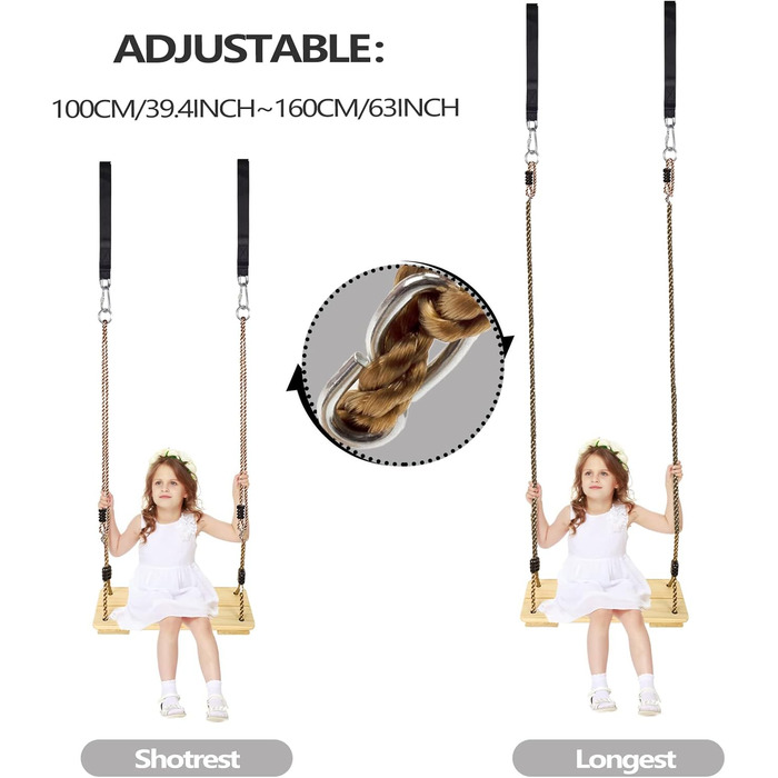 Дерев'яні гойдалки KINSPORY, садові гойдалки з регульованою конопляною мотузкою, для внутрішнього та зовнішнього використання, сид