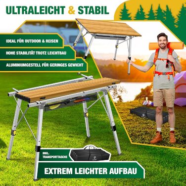 Складаний кемпінговий стіл KESSER з алюмінієвим каркасом, зсувна стільниця, регульована висота, 120x70 см - витримує до 100 кг, в комплекті сумка для перенесення з ремінцем та сітчастою кишенею, під дерево, 120 см x 70 см