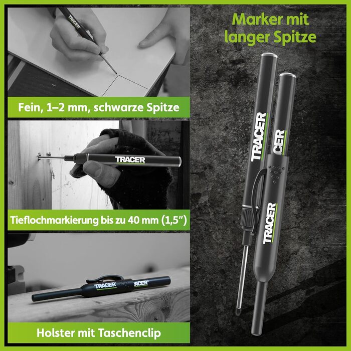 Набір будівельних маркерів Tracer з 5 предметів у футлярі для зберігання столярний олівець, 2 маркери з довгим наконечником, маркер, що не засмічується, та дозатор для змінних картриджів.