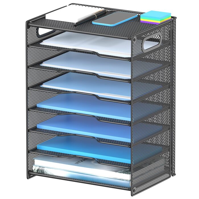 Настільний органайзер OUTWOLF з ручкою, 8-ярусний лоток для листів, міцні металеві лотки, офісне приладдя для документів формату A4, паперу, книг, журналів (чорний)