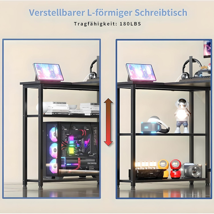 Г-подібний письмовий стіл з 3 тканинними шухлядами, 140 x 80 см. Двосторонній кутовий письмовий стіл з підставкою для монітора, розеткою та USB-портом для зарядки для домашнього офісу, чорний.