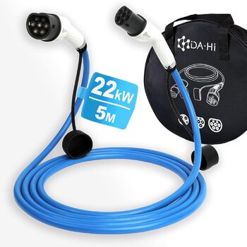 Зарядний кабель DA Hi EV тип 2 для електромобіля та PHEV 22KW 5m 32A 3-фазний, біло-блакитний, стійкий до вітру, дощу та пилу IP54