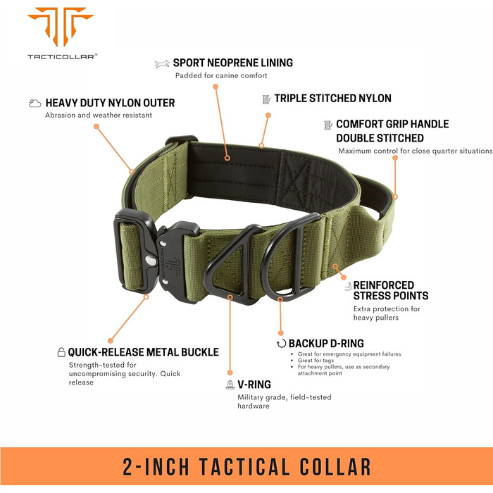 Тактичний нашийник Tacticollar для собак середніх та великих порід, 5,1 см, з ручкою для контролю, нейлон Mil Spec, металевий замок швидкого роз'єму, внутрішня підкладка з неопрену (Розмір M, Оливковий)