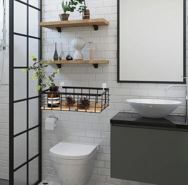 Дротяний кошик, металевий кошик, металевий кошик для зберігання у ванній кімнаті, металевий кошик зі знімною дерев&39яною основою, настінний кошик для дому, для фруктів та закусок, кухонна комора, 2 предмети, 29x13x10 см, чорний