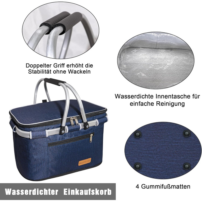 Великий кошик для покупок, сумка-холодильник, ізольований кошик, сумка-холодильник для пікніка, кошик для пікніка з двома ручками - для подорожей/пікніка/покупок/подарунків, XL, темно-синій