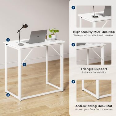 Складаний стіл Dripex, Складаний стіл 80 x 46 x 74 см, Невеликий складний комп&39ютерний стіл, Компактний стіл для домашнього офісу, кабінету, ПК (Білий - Потрібне складання)