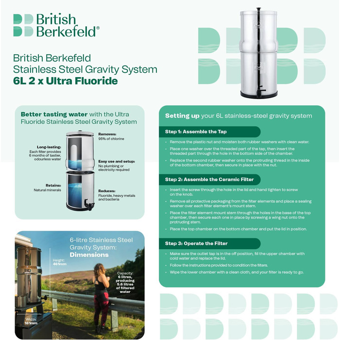 Британська система гравітаційних фільтрів для води Berkefeld 6-літрова система фільтрів із нержавіючої сталі з 2 сертифікованими Doulton NSF керамічними ультрафторними картриджами Дорожня система питної води для типових забруднень