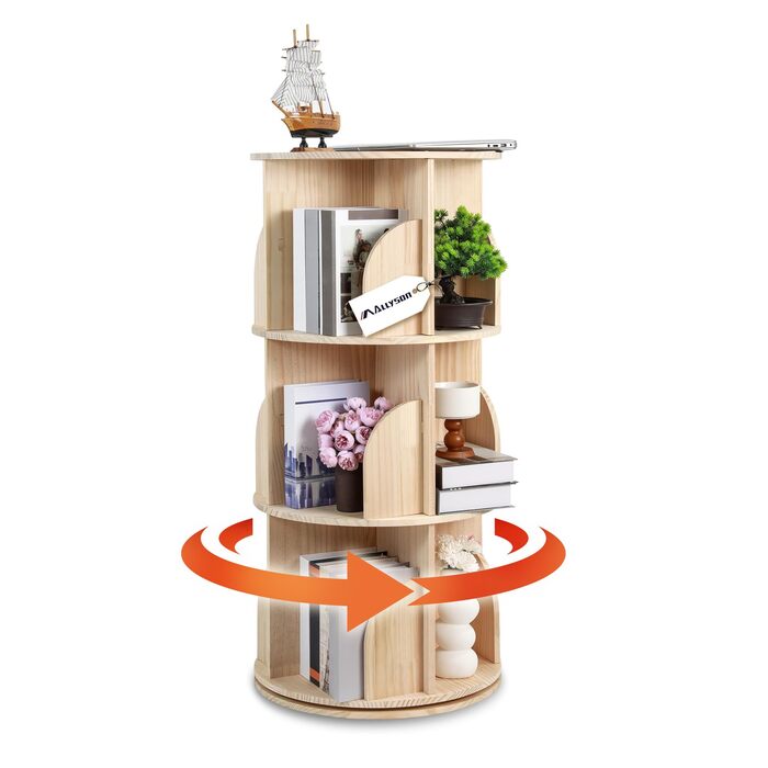 Дитяча книжкова полиця Allyson, що обертається на 360 градусів, 3 рівні, багатофункціональна підставка для компакт-дисків для вітальні та офісу, кругла полиця для файлів для дитячої кімнати та спальні