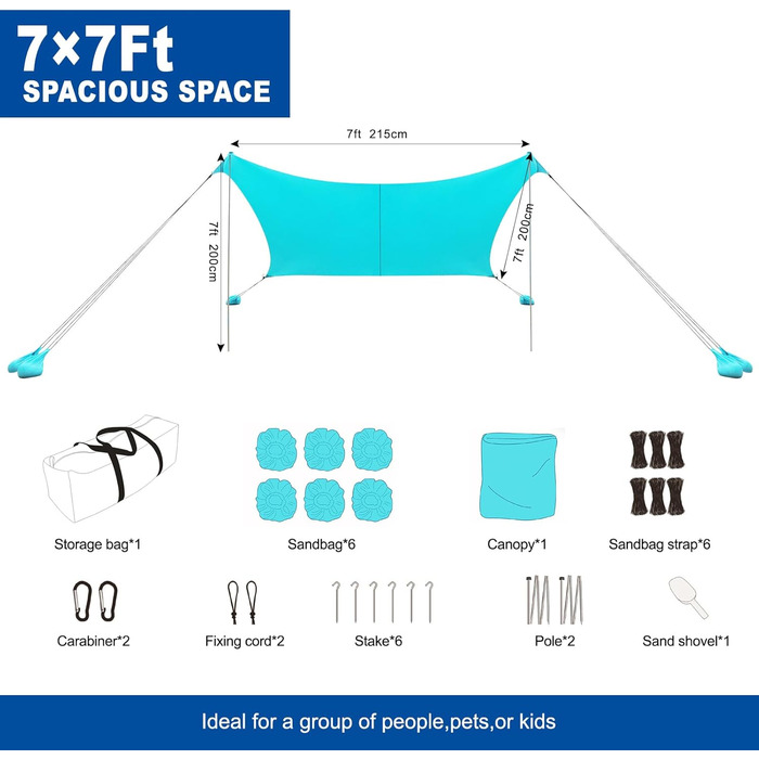 Портативний сонцезахисний намет з 2 стійками, пляжний намет для захисту від сонця, сонцезахисний тент для пляжу, саду, кемпінгу, патіо, 215x200 см (2*2 м), 2 стійки