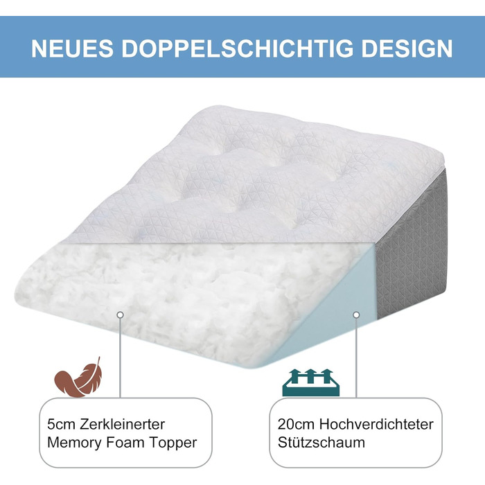 Клиноподібна подушка HAVARGO для ліжка та дивана - Двошарова подушка для читання з піни з ефектом пам&39яті - Ергономічна клиноподібна подушка для ліжка від рефлюксного апное сну, ідеальна подушка для підтримки спини під час гри - 55x55x25 см