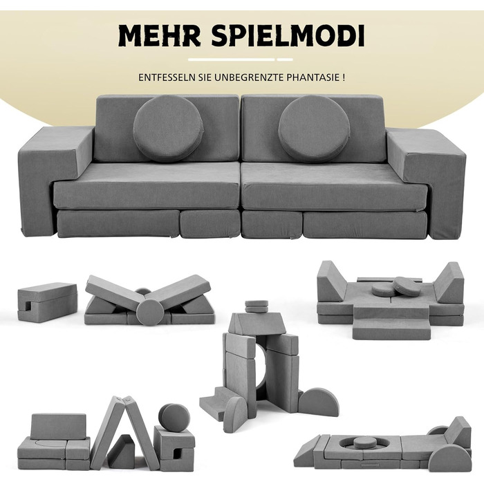 Дитячий диван LALAHO, ігровий диван для дітей, виготовлений з вельвету, складні пінопластові будівельні блоки, дитячий диван та дитяче крісло, універсальний та вільно складаний своїми руками, для дитячої ігрової кімнати, меблі для спальні (сірий)