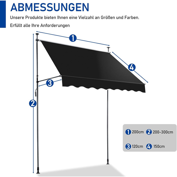 Тент LEADZM із затискачем, ширина 200 см, невеликий балконний тент без свердління, водонепроникний, сонцезахисний, стійкий до ультрафіолету, регульований по висоті за допомогою ручного приводу, для тераси, балкона, багатоквартирного будинку, саду, магазин