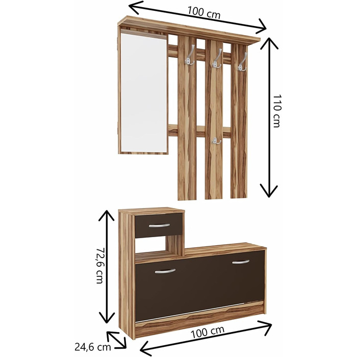 Шафа для одягу August Nuss - Шафа для одягу з дзеркальною тумбою для взуття та вішалкою для одягу Ширина 100 см, висота 72,6 см (н