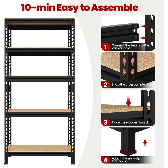 Міцний стелаж Yaheetech з 2 предметів, стелаж для зберігання, 150 x 70 x 30 см, безболтовий стелаж з 5 регульованими полицями, підвальний стелаж, вантажопідйомність 590 кг, стелаж з металевим каркасом, чорний