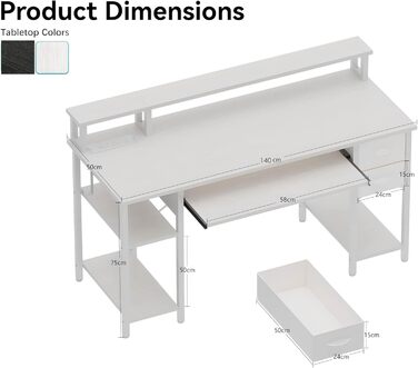Письмовий стіл з 2 шухлядами, 140 x 50 см, комп&39ютерний/ігровий стіл з підставкою для клавіатури, бічною полицею з регульованою висотою, підставкою для монітора та розеткою для домашнього офісу та вітальні, білий, 140 x 50 см