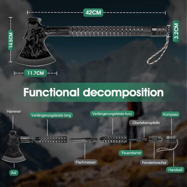 Тактичний сокира-мультитул Japaknives Survival Axt 10 в 1 сокира для розколювання дров, кемпінговий сокира з лезом, компасом та ножем для виживання. Подарунковий набір чорних сокир для кемпінгу, полювання та саду.