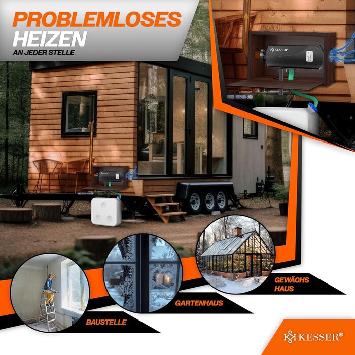 Дизельний обігрівач KESSER 8 кВт Дизельний обігрівач 12 В/24 В з таймером, РК-дисплеєм та пультом дистанційного керування Швидкий нагрів Повітряний обігрівач з глушником та термостатом (чорний, 8 кВт) Чорний 8 кВт