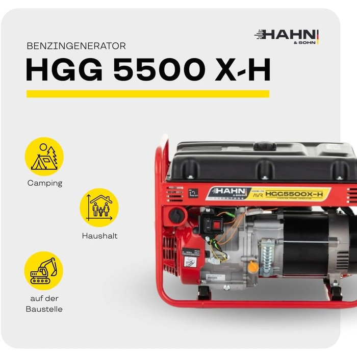 Бензиновий генератор потужністю 5 кВт Тихий генератор з автоматичним регулюванням напруги (AVR) Бак 18 л До 9,2 годин (при 50 навантаженні) роботи для комерційного та приватного використання, 96 дБ/А Бензиновий генератор потужністю 5 кВт