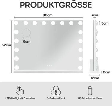 Голлівудське дзеркало для макіяжу з підсвічуванням 80x62см, дзеркало з підсвічуванням, 18 регульованим великим світлодіодним світлом 3 колірної температури з USB 10-кратним збільшенням сенсорним управлінням стільницею або 18led, 80x12x62см, білий, новий