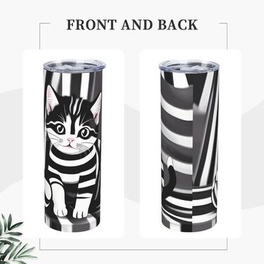 Кухоль з прямою трубочкою, 590 мл, чорно-білий смугастий принт кошенят, дорожній кухоль, підходить для кемпінгу, офісу та дому