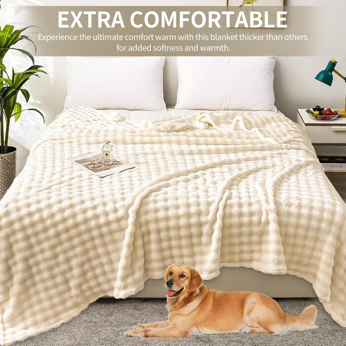 Ковдра-бульбашка - Біла м&39яка ковдра з кроликом, пухнаста, товста та тепла ковдра для дивана на зиму, ковдра зі штучного хутра, ковдри для вітальні та м&39які, плюшева ковдра для дивана та ліжка, плед для дивана 150 x 200 см, білий