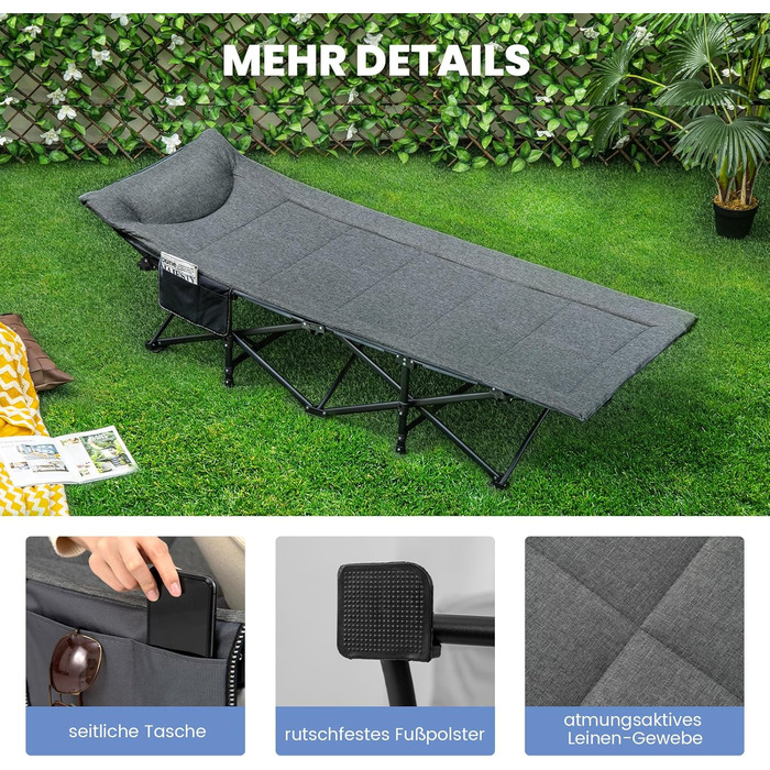 Розкладне ліжечко COSTWAY зі зручним бавовняним наповнювачем інтегрована подушка та матрац, розкладне кемпінгове ліжко, вантажопідйомність до 200 кг, розкладне ліжко з бічною кишенею, кемпінговий шезлонг з сумкою для перенесення, гостьове ліжко сірого кол