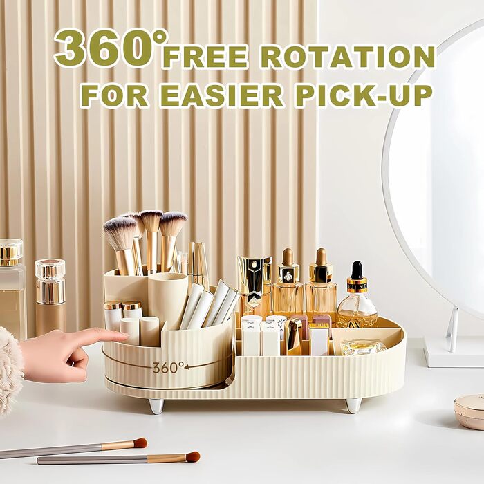 Обертовий на 360 органайзер для макіяжу, великий органайзер для ванної кімнати з коробкою для зберігання косметичного столика включає засіб для чищення пензлів для макіяжу (бежевий)