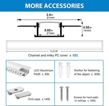 Світлодіодний профіль для гіпсокартону Efishine 6-PACK 1M, світлодіодний профіль алюмінієвий AluProfile для світлодіодних стрічок для стін і стель, світлодіодний канал із затискним дифузором і для ширших стрічок, таких як Philips Hue. 6 уп.
