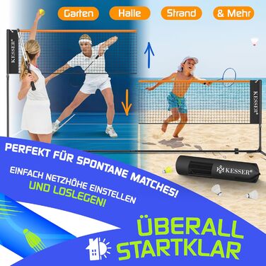 Сітка для бадмінтону KESSER, сітка для тенісу Сітка для волана з регулюванням висоти у 3 напрямках 107/120/155 см, комплект включає сітку, 3 волани та 3 тенісні м&39ячі, сумку для перенесення, міцну залізну раму, для використання в приміщенні та на вулиці