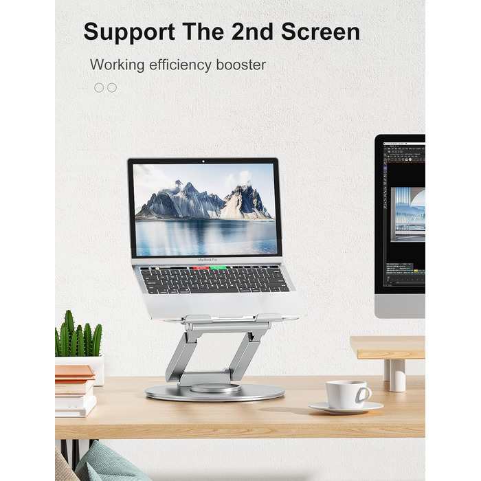 Підставка для ноутбука з регульованою висотою та поворотною базою на 360, ергономічна підставка для ноутбука, збільшувач висоти для робочого столу, стійка для ноутбука для роботи стоячи, сумісна з MacBook Pro та ноутбуками 1017 дюймів, срібляста