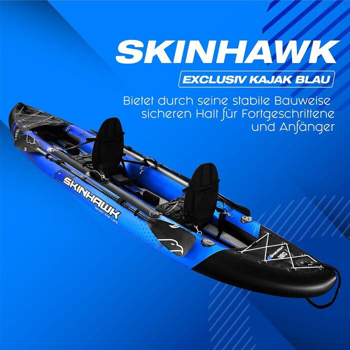 Ексклюзивний синій набір для каяків SKINHAWK 380 Надувний човен Каное 380 x 96 см Каяк на 2 особи. Набір для каяків Skinhawk 380 з алюмінієвим веслом