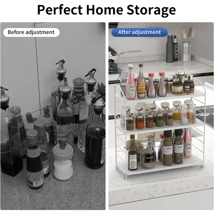 Металева підставка для спецій AIRUJIA, 3-рівнева регульована кухонна полиця, органайзер для столу, підходить для кухні, ванної кімнати та спальні, кухонна полиця, місце для зберігання у ванній кімнаті, білий колір