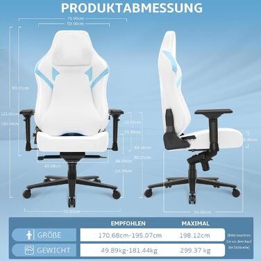 Геймерське крісло, ігрове крісло вантажопідйомністю 200 кг, ергономічне офісне крісло з функцією гойдання, геймерське крісло з підголівником та поперековою опорою, 4D підлокітники, офісне крісло з високою спинкою, ігрове крісло, біло-синє