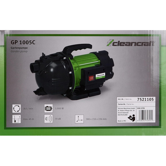 Насос для чистої води Gartenpumpe GP 1005C (напір 46 м, продуктивність 76 л/хв, діаметр входу/виходу 25 мм, потужність двигуна 1,1 кВт) 7521105