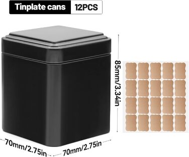 Класичних квадратних чайних банок 7 7 8,5 см для розсипного чаю, металеві чайні банки чорного кольору, включаючи 20 етикеток, для чаю, кавових зерен, спецій, 12