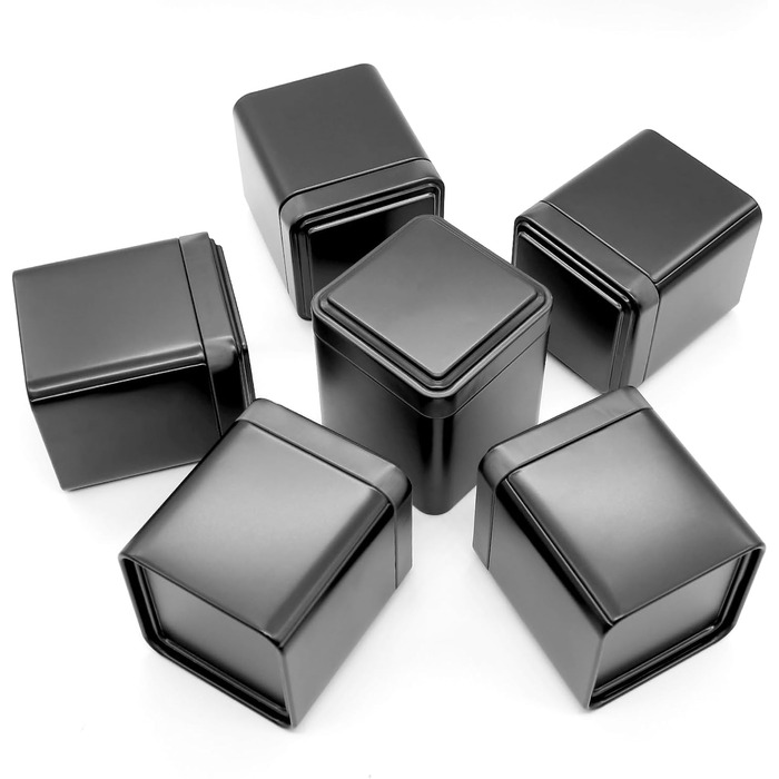 Класичних квадратних чайних банок 7 7 8,5 см для розсипного чаю, металеві чайні банки чорного кольору, включаючи 20 етикеток, для чаю, кавових зерен, спецій, 12