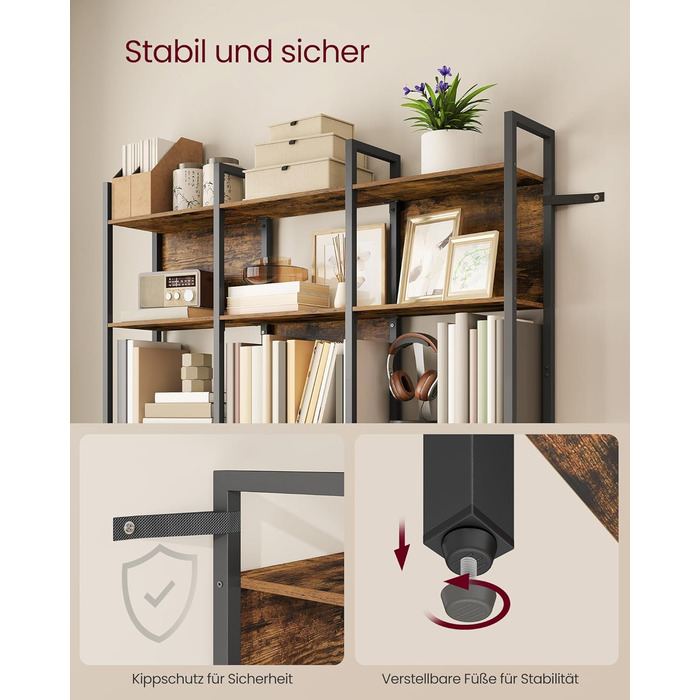 Книжкова полиця VASAGLE, кухонна полиця, окремостояча полиця з 5 відкритими полицями, для коридору, кухні, офісу, міцна сталева рама, промисловий дизайн, 24 x 128 x 154,1 см, вінтажний коричнево-чорний LLS150K01 24 x 128 x 154,1 см (5 рівнів)