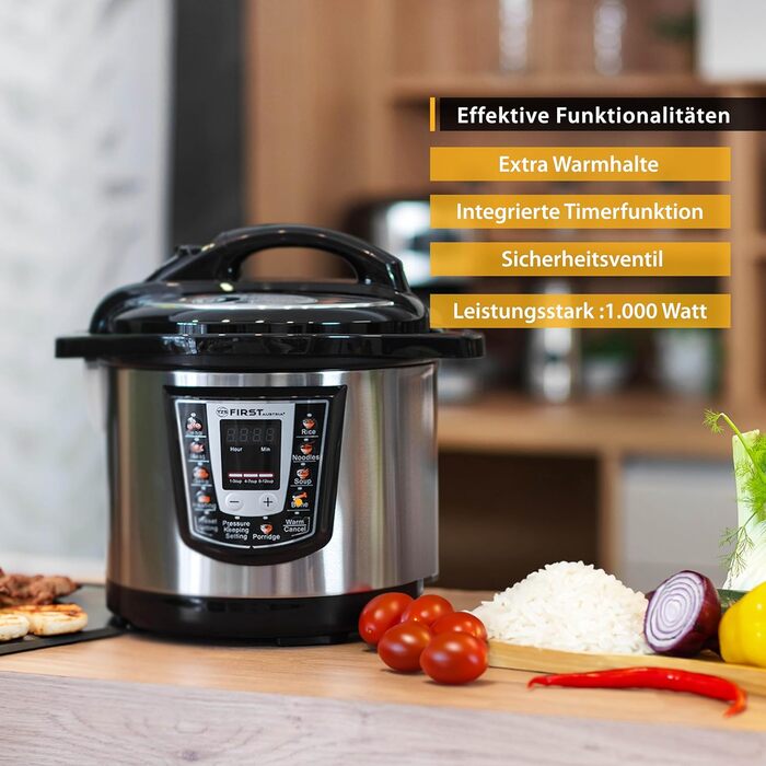 Електрична скороварка TZS First Austria 6л Мультиварка 9 програм скороварки Рисоварка Функція збереження тепла, відпарювач з нержавіючої сталі/чорного кольору