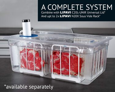Контейнер LIPAVI C20 sous-vide - 25 літрів, 53,3 х 32,5 х В20,3 см. Міцний, прозорий полікарбонат. Відповідні кришки для Ano*a, Wancle та інших брендів продаються окремо. Підходить для рами L20
