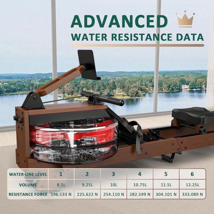 Гребний тренажер V-W3 для домашнього використання високоякісна дерев&39яна конструкція, Bluetooth, водний гребний тренажер, легко складається, підходить для користувачів зростом від 1,2 м до 2 м, вантажопідйомність 175 кг, 2-річна гарантія, оздоблення під