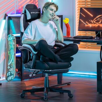 Ігрове крісло GTPLAYER, ергономічне тканинне ігрове крісло з поперековою опорою, комп&39ютерне крісло з розширеною спинкою, вантажопідйомність до 150 кг, чорна тканина