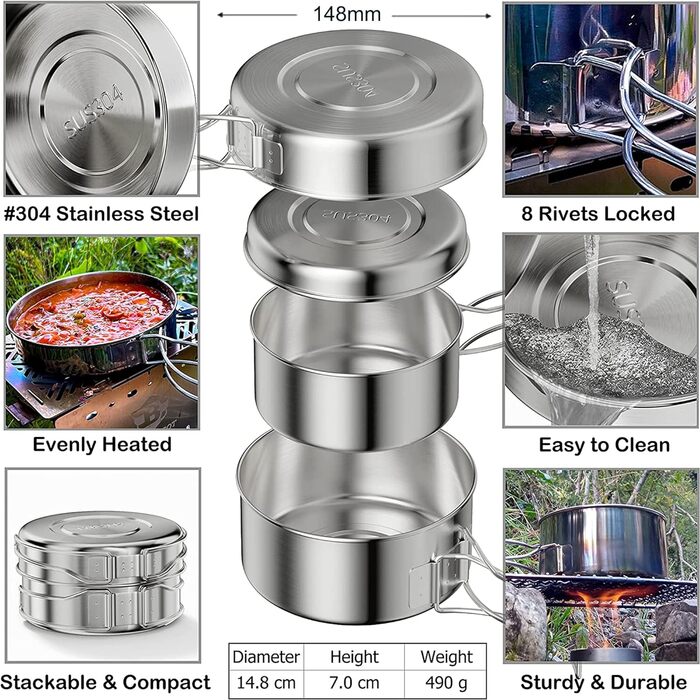 Набір посуду Bestargot Camping Pot 304 з нержавіючої сталі, набір кемпінгових каструль із 4 предметів (900 мл 600 мл), набір посуд